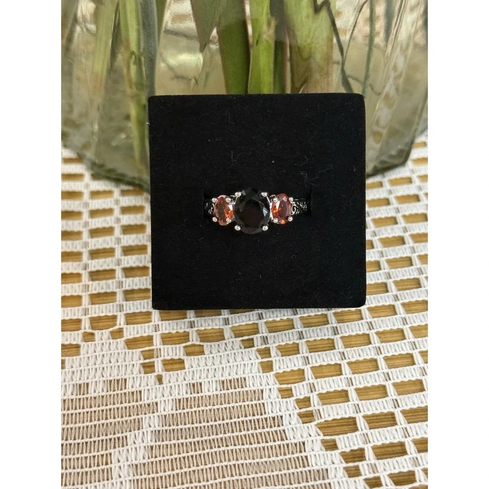2.73 Cttw Onyx and Garnet 3 Stone‎ Ring For Women | 925 Sterling Silver |